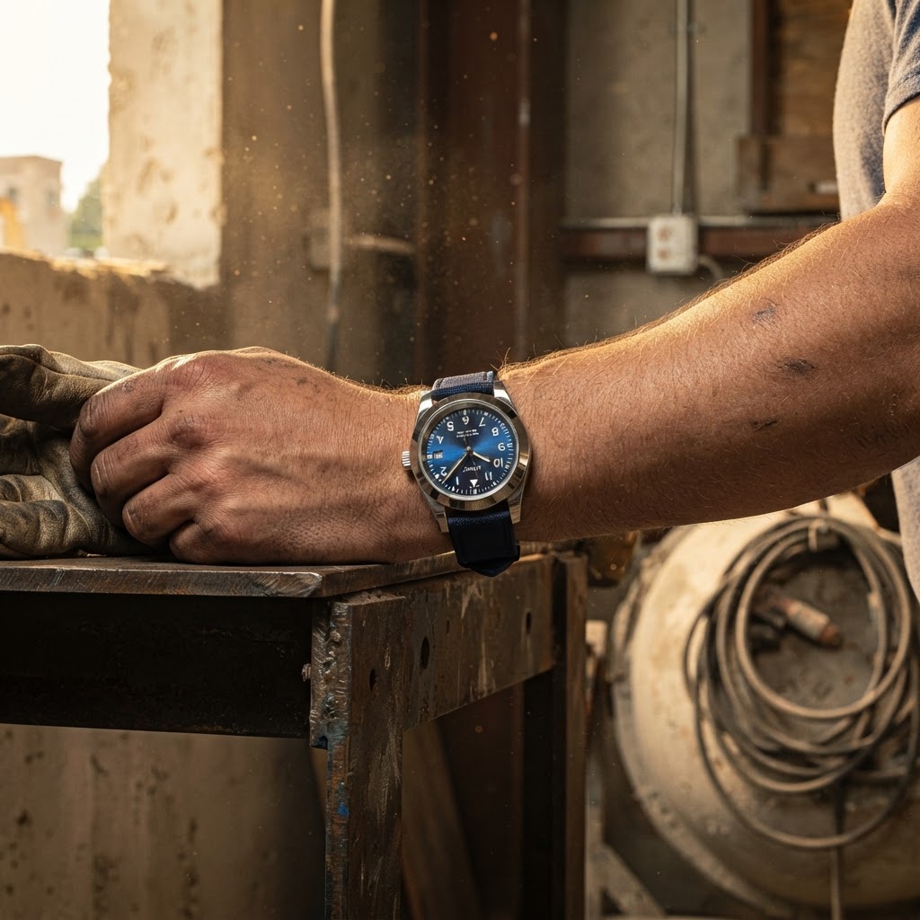 Blue Collar Watch Collection worn on a tradesman's wrist on the job site