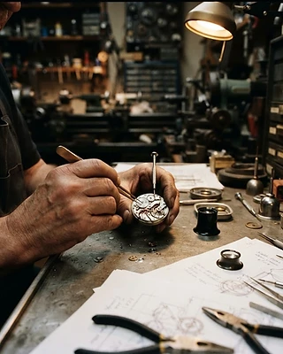 A tradesman assembling a Blue Collar watch at the workbench