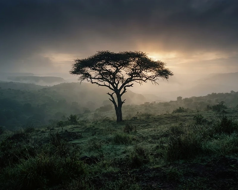 A lone acacia tree in the Kenyan highlands at dawn, engulfed in mist