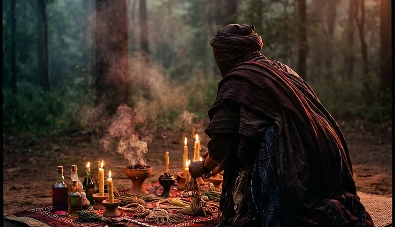 A sacred ritual altar at dusk with burning candles and rising smoke
