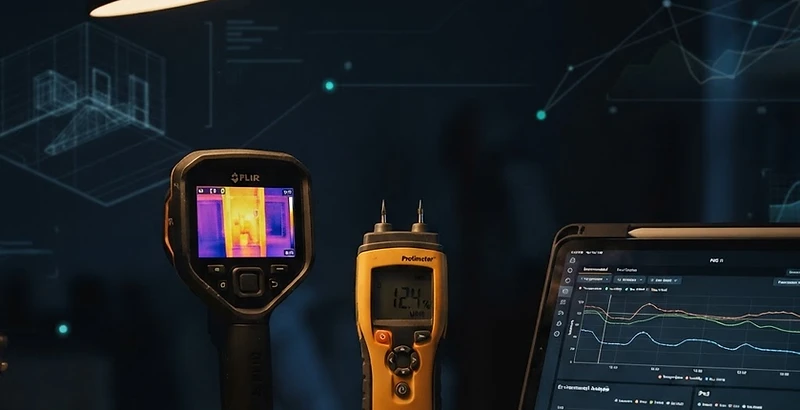 Professional building-science instruments on a dark work surface