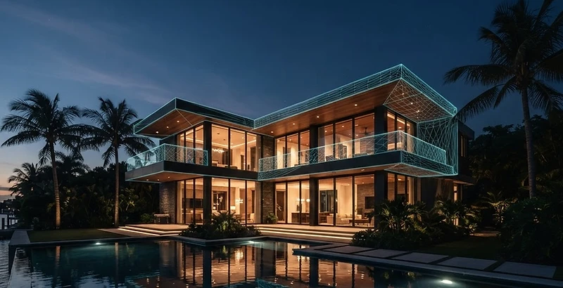 Modern Florida luxury home at twilight with a subtle wireframe overlay