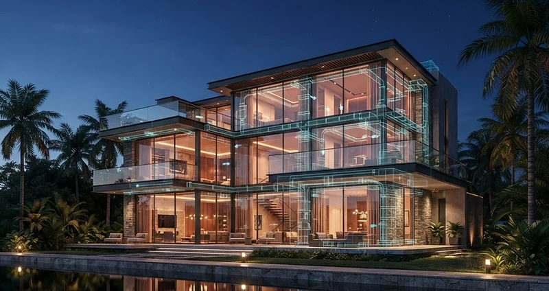 Modern Florida luxury villa with building-science wireframe overlay at dusk