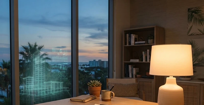 Calm modern Florida interior at early twilight