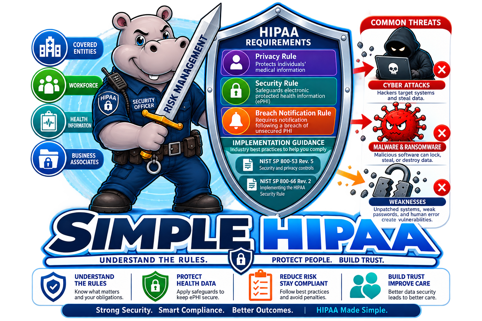HIPAA Requirements infographic — hippo security officer, covered entities, the three core rules, common threats, and implementation guidance.