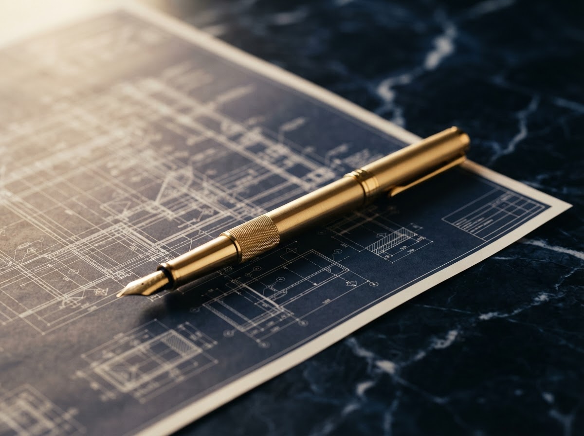 Strategic planning blueprint with a gold pen on navy marble