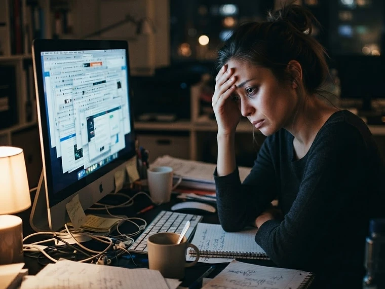 亞洲專業人士深夜在雜亂桌前盯著滿滿瀏覽器分頁感到疲憊