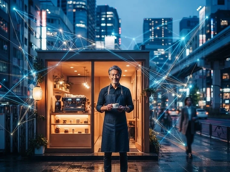 亞洲企業主站在現代店面門口,象徵在數位世界被看見