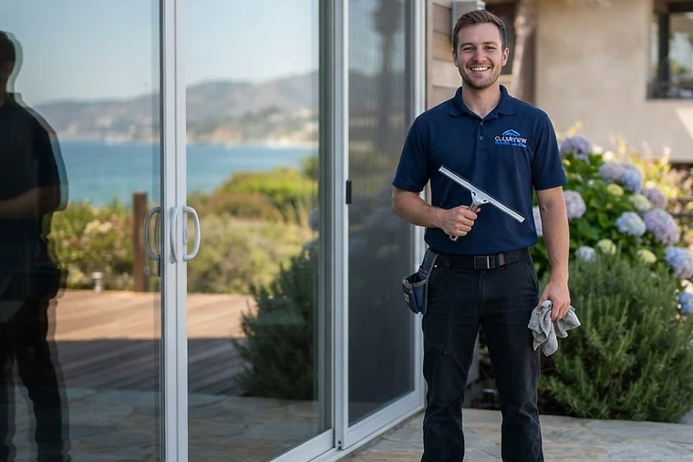 A professional squeegee resting on pristine glass, representing Cove's premium window cleaning service