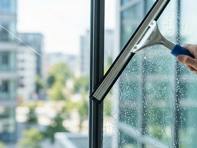 Professional squeegee cleaning a window in Santa Monica