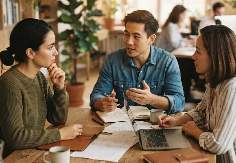Collaborative business meeting around a wooden table
