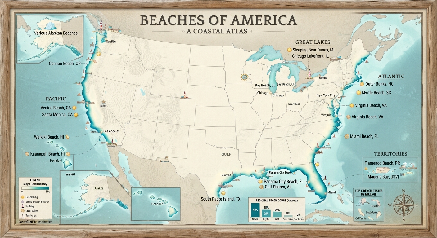 Beaches of America — a coastal atlas with regional density and mileage