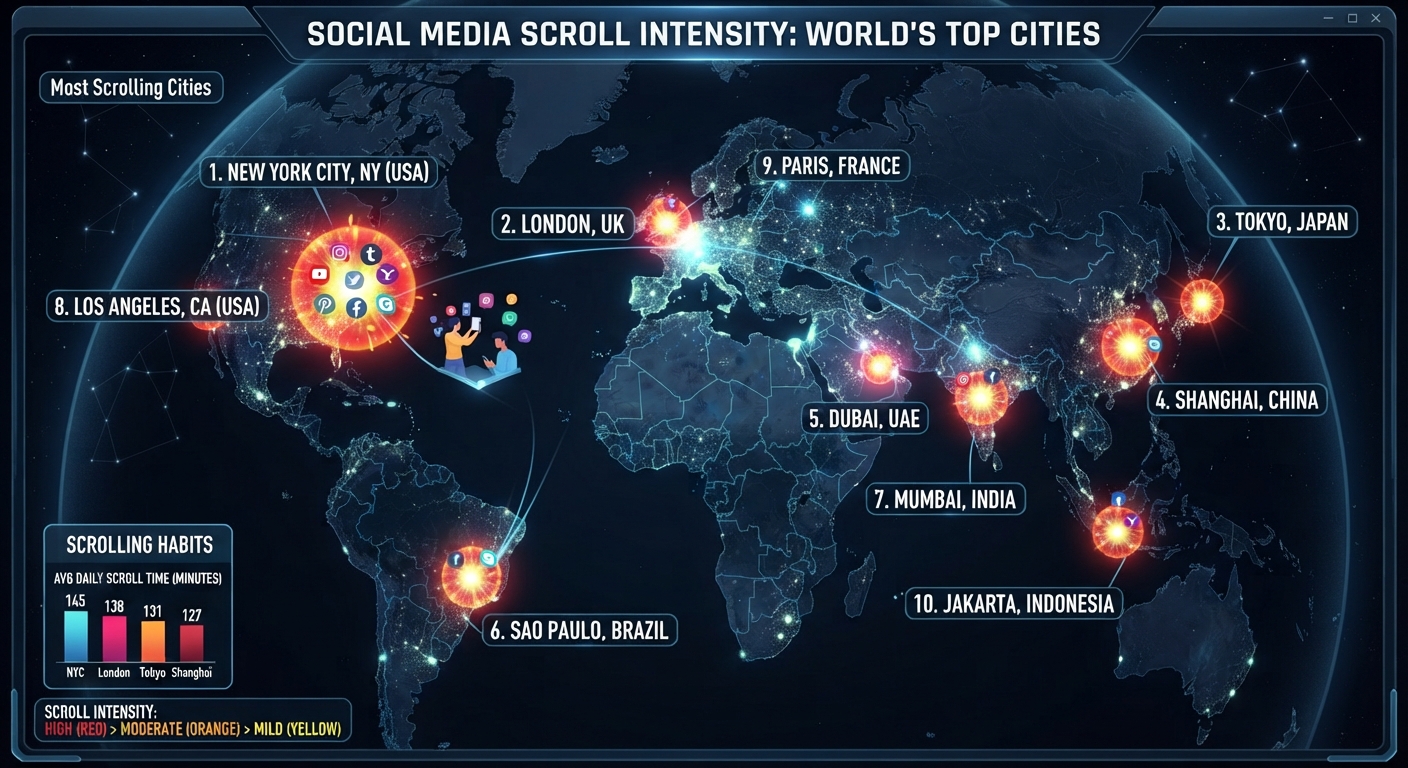 Social media scroll intensity — world top cities data visualization