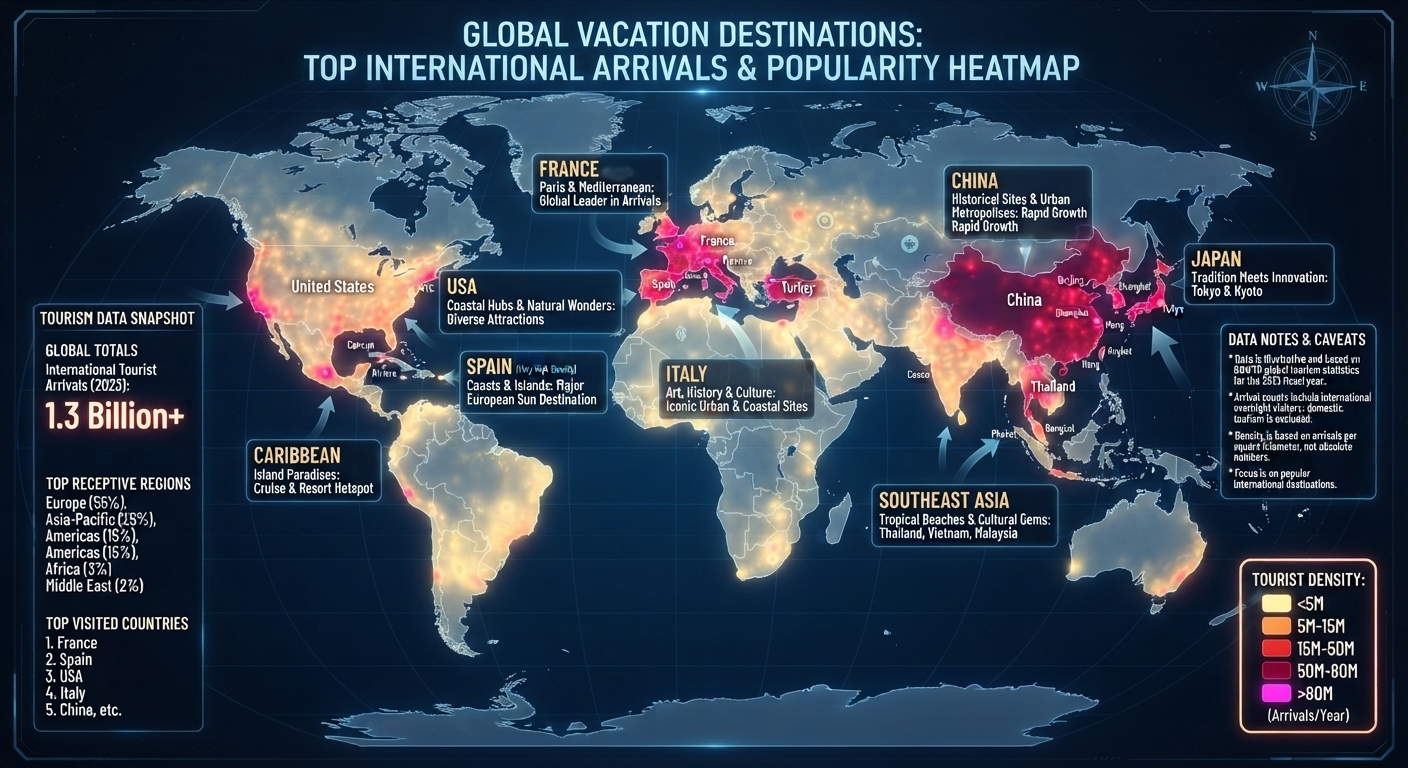 Global Vacation Destinations — top international arrivals & popularity heatmap
