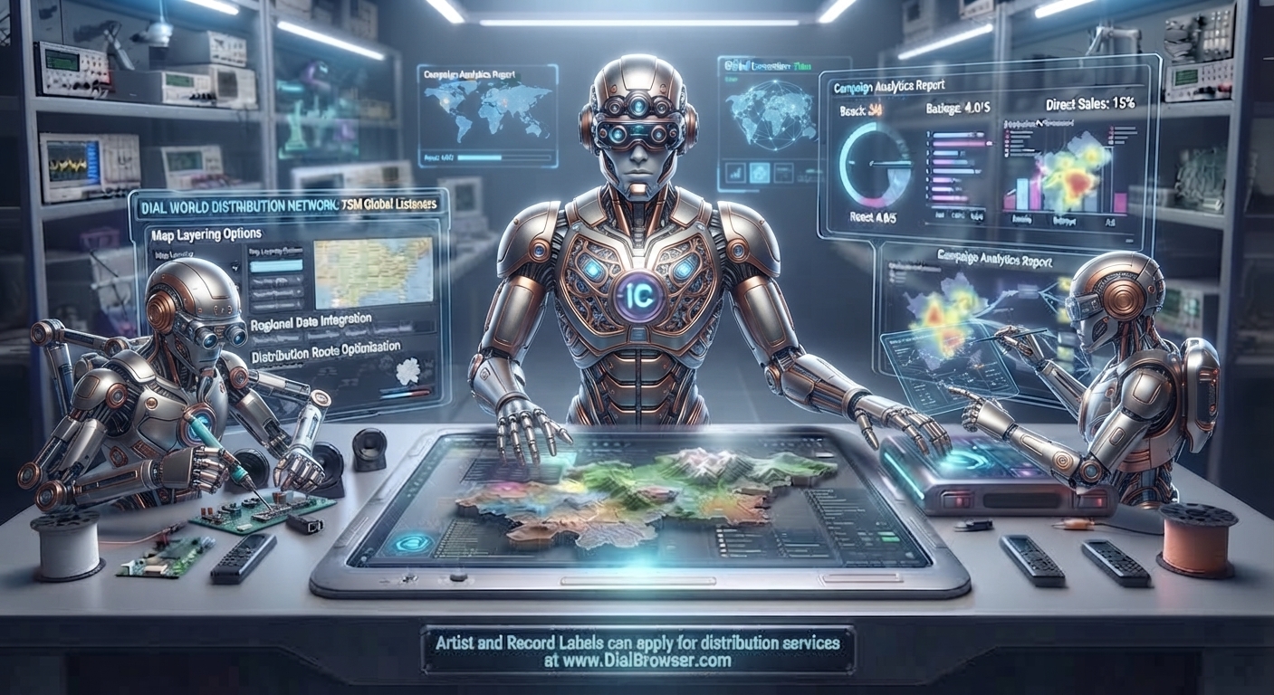 Futuristic map lab — robots layering holographic maps, route optimization and regional distribution network