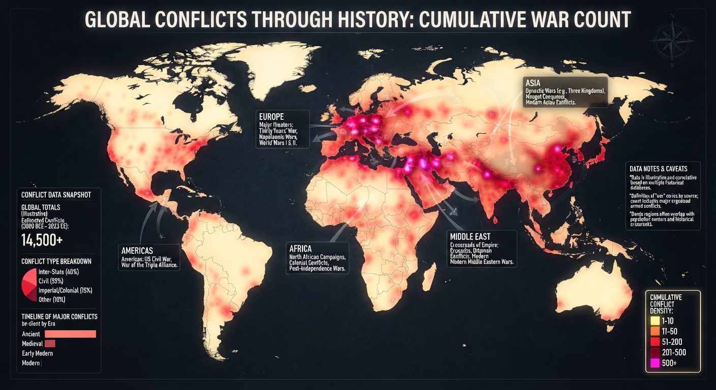 Global Conflicts Through History — cumulative war count heatmap
