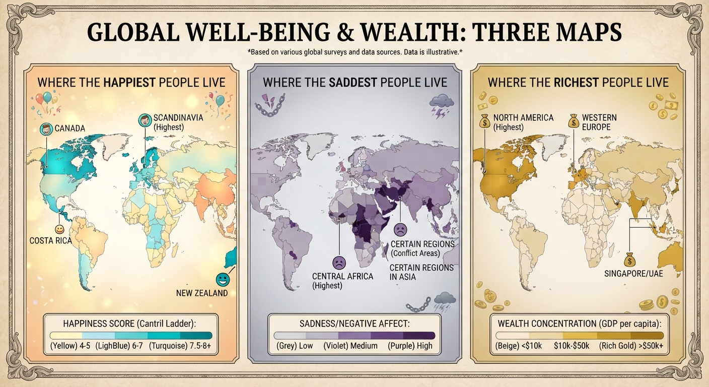 Global Well-Being & Wealth — three maps of happiness, sadness, and wealth