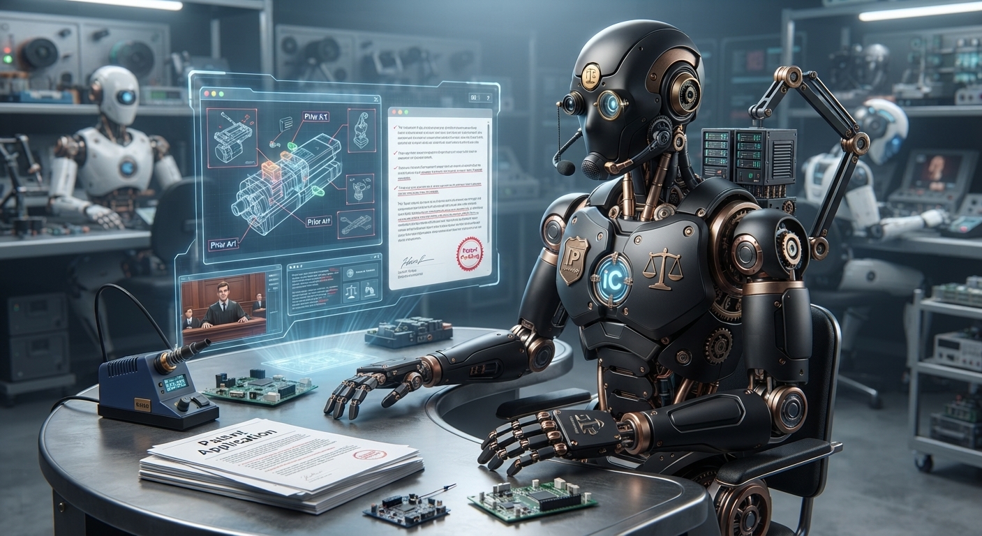 AI Patent Attorney robot analyzing a patent application in a high-tech workshop