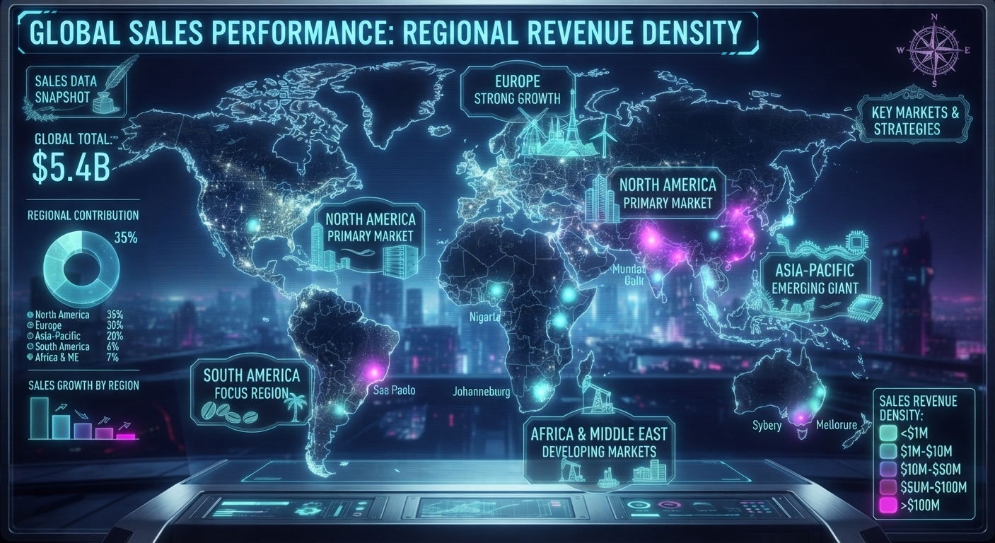 Global Sales Performance — regional revenue density dashboard with donut chart and callouts