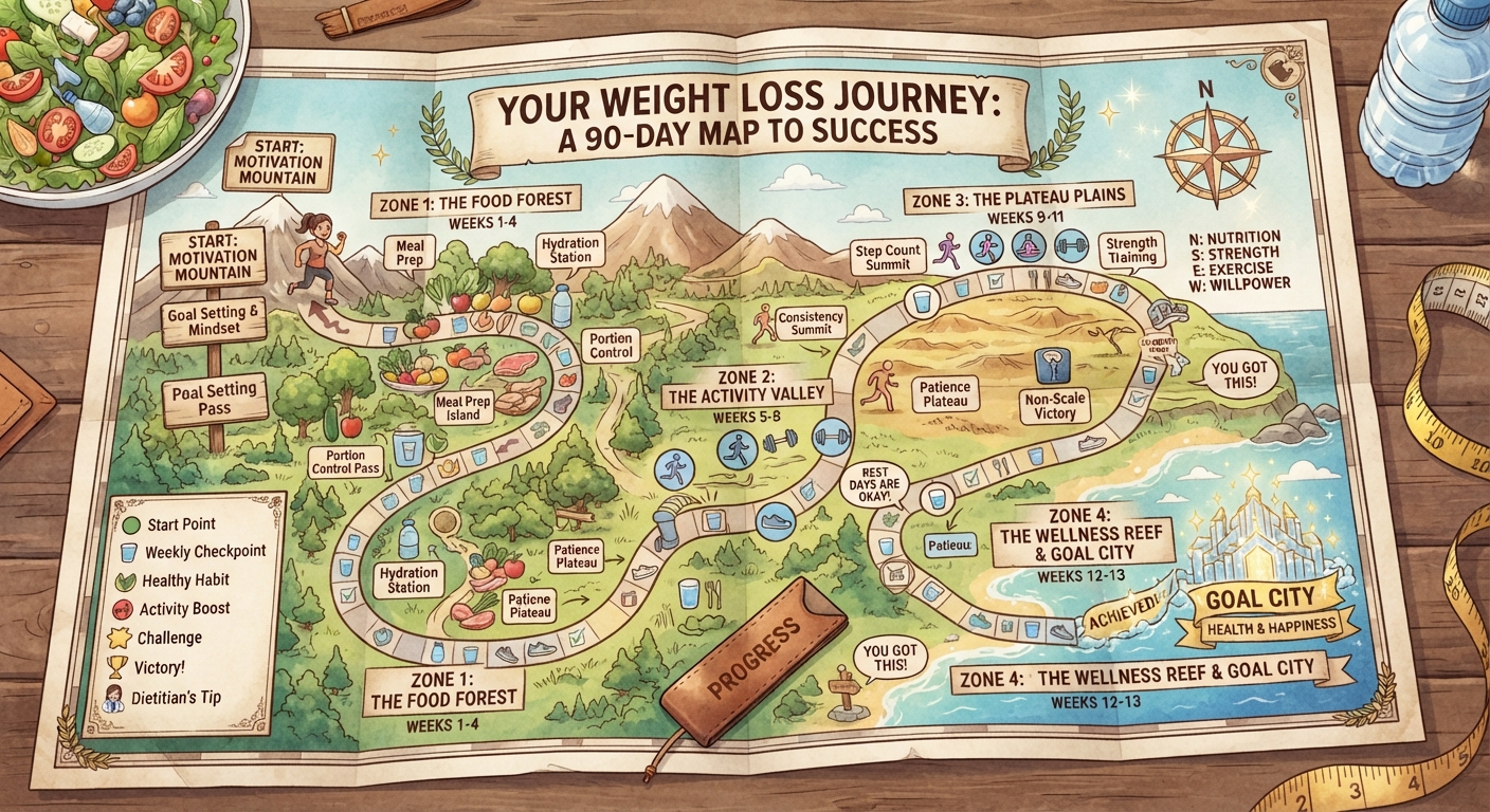 Your Weight Loss Journey — a 90-day map to success from Motivation Mountain to Goal City