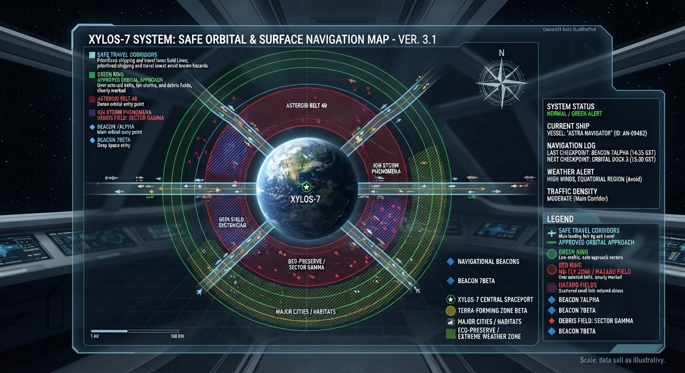 Xylos-7 System — safe orbital & surface navigation map with hazard fields and beacons