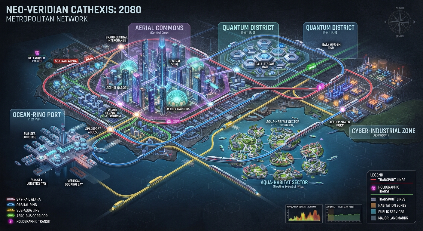 Neo-Veridian Cathexis 2080 — metropolitan network isometric map