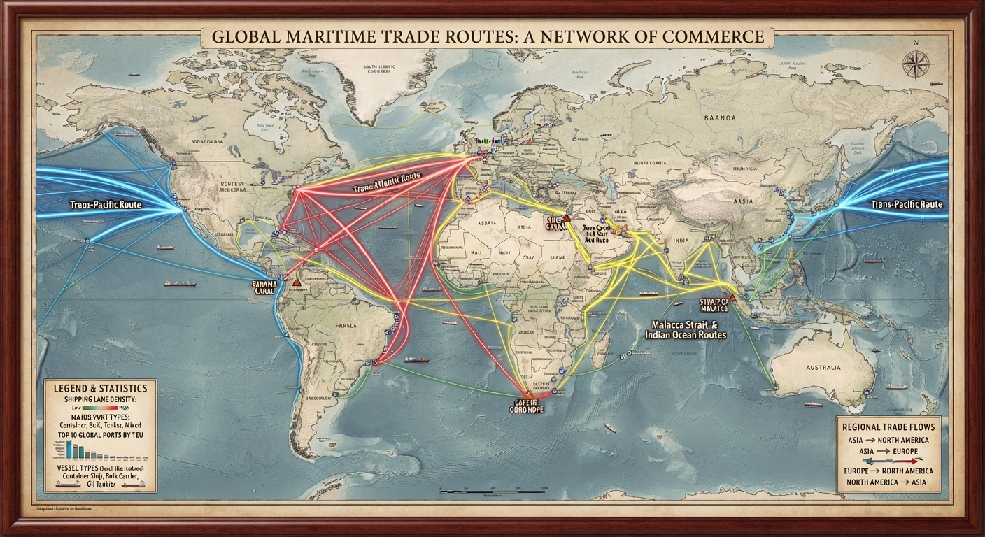 Global Maritime Trade Routes — a network of commerce, vintage atlas style