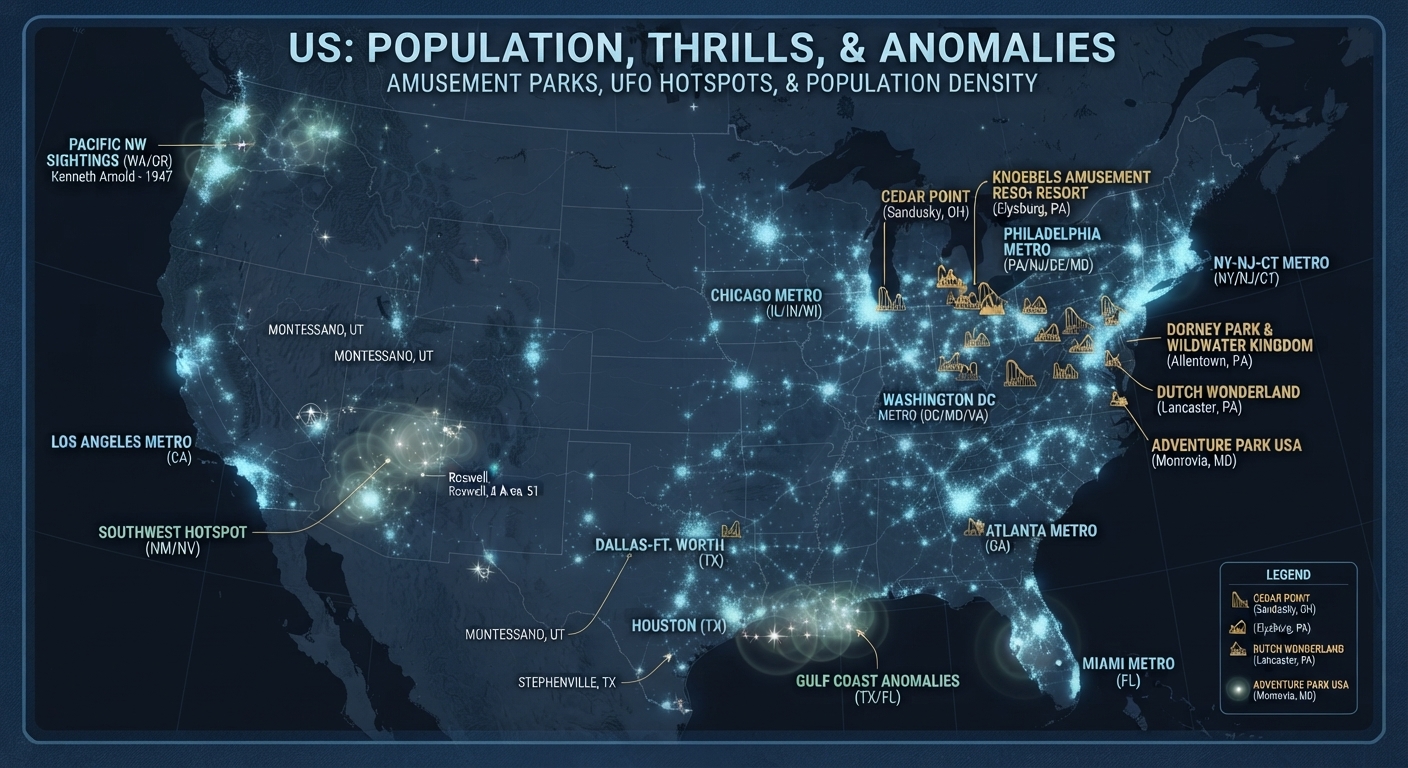 US Population, Thrills & Anomalies — amusement parks, UFO hotspots and population density