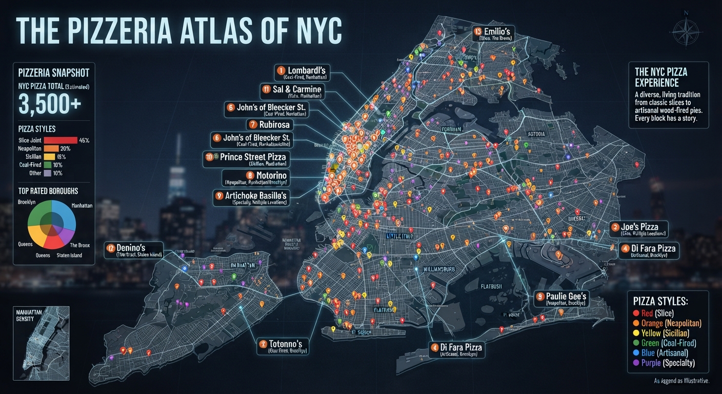The Pizzeria Atlas of NYC — borough pizzeria map with style legend