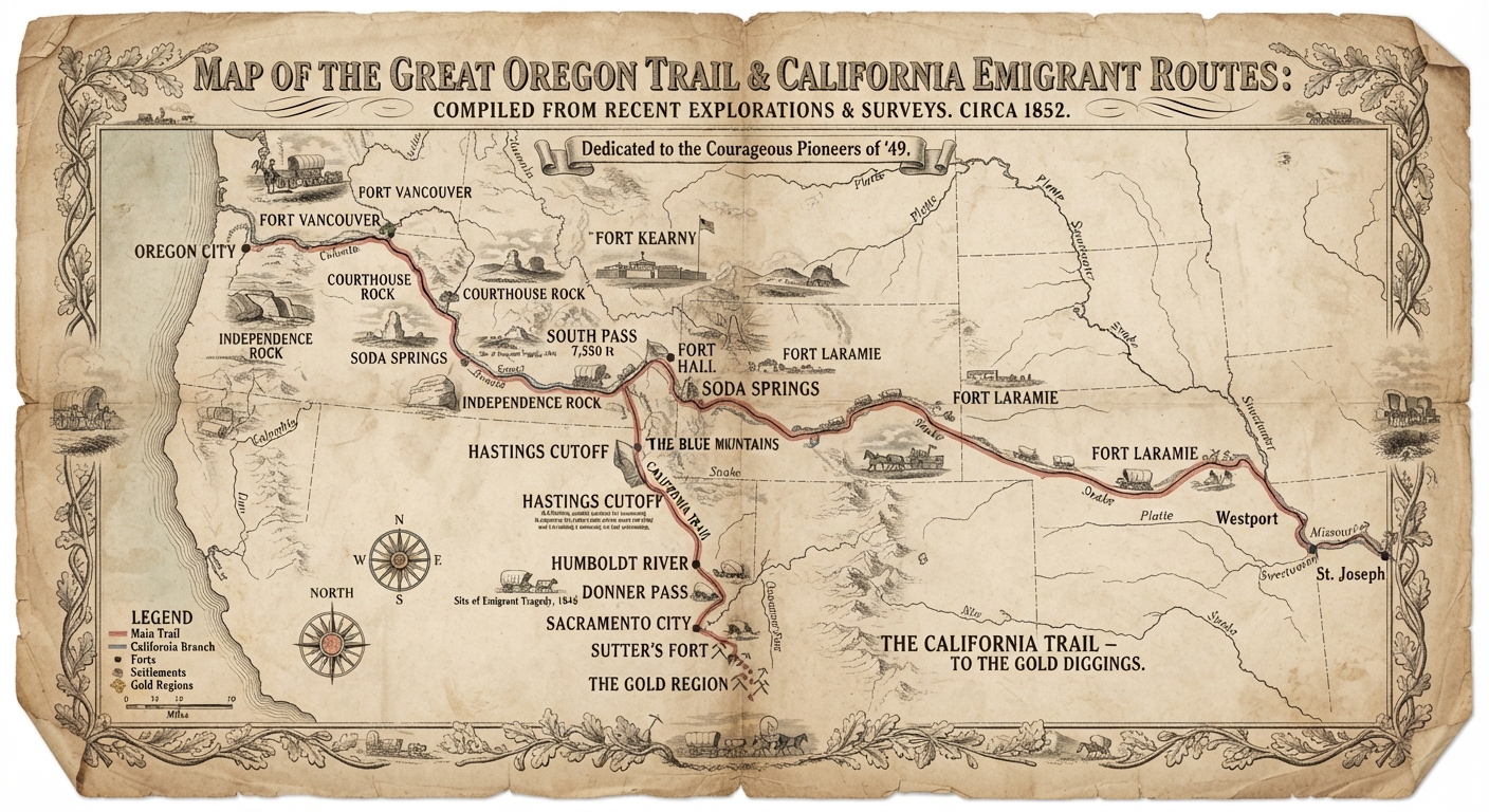 Map of the Great Oregon Trail & California Emigrant Routes, circa 1852