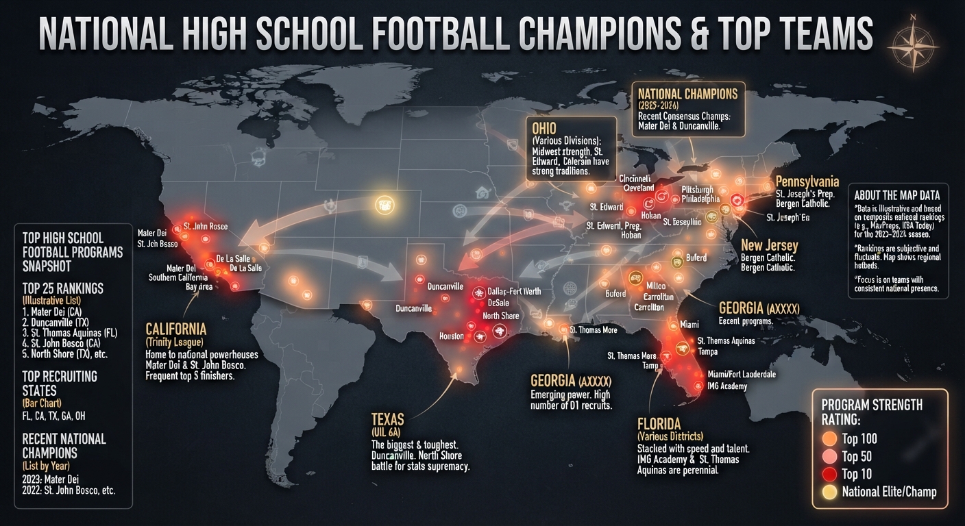 National High School Football Champions & Top Teams — program density map