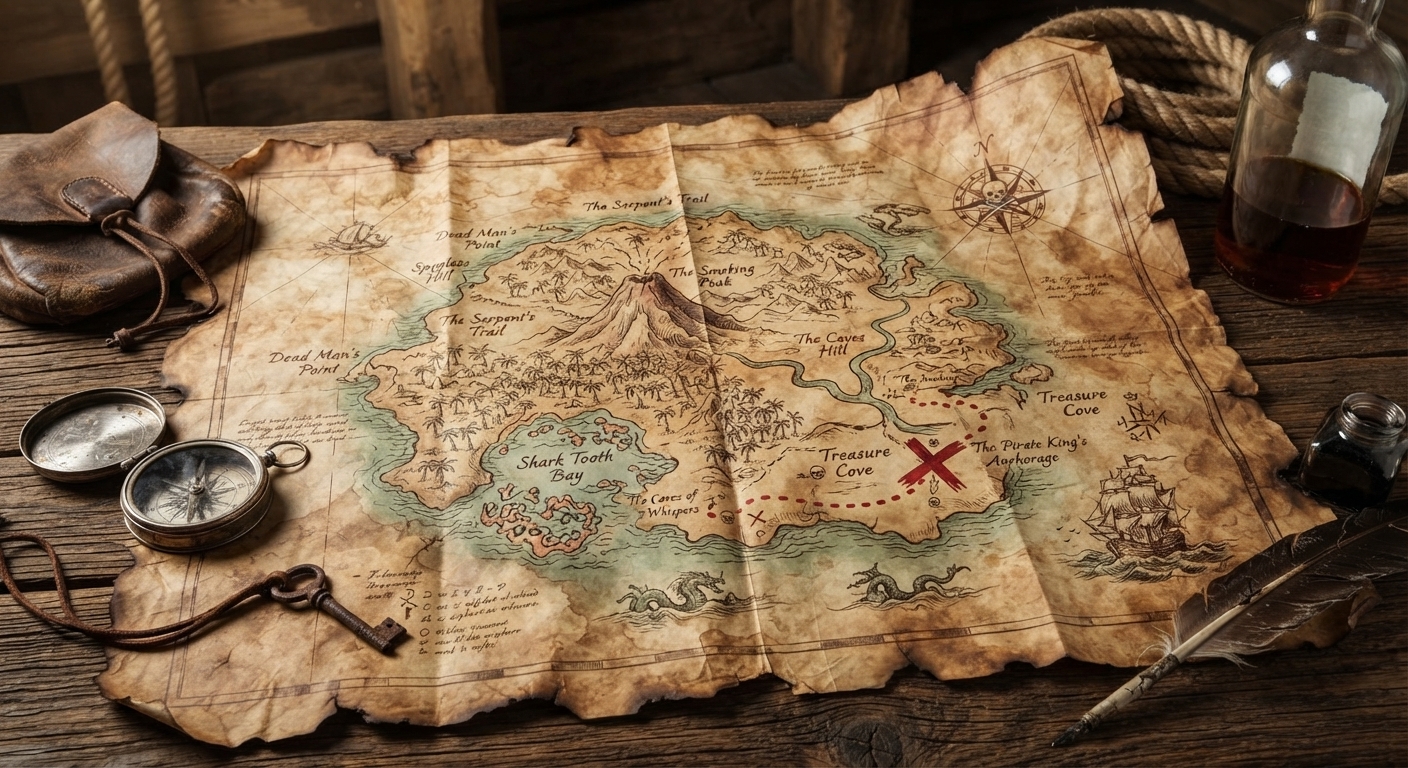 Hand-drawn treasure map on aged parchment with a red X marking the spot