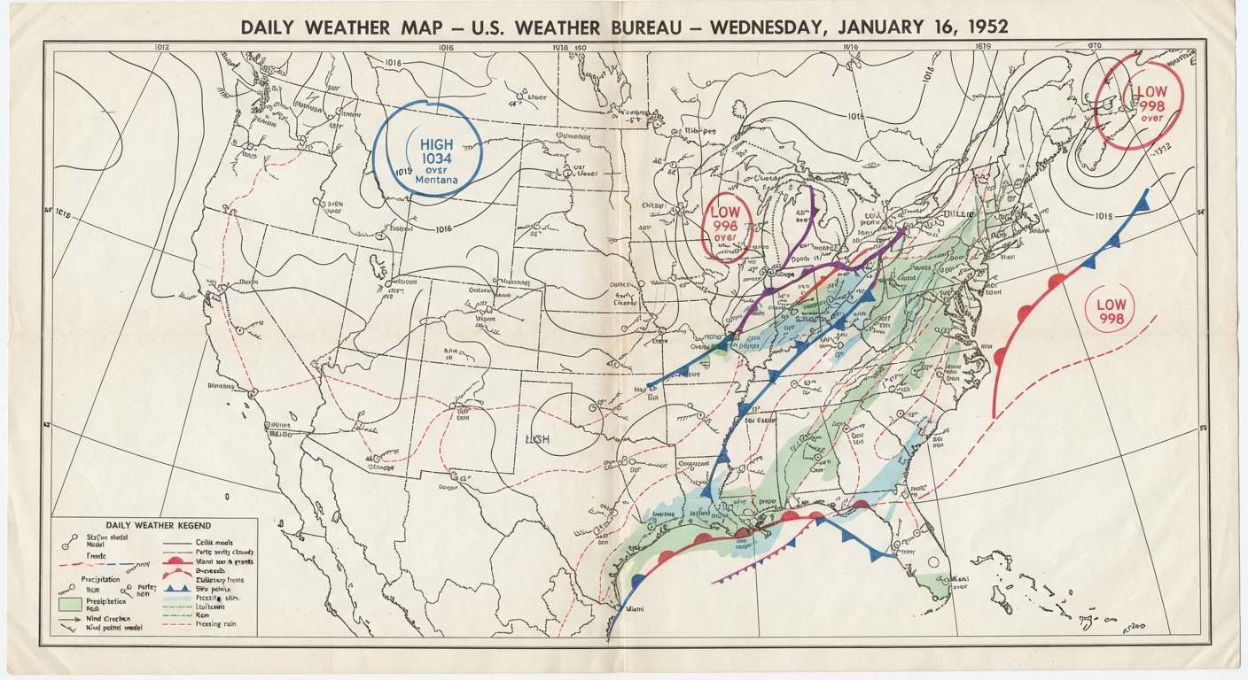 Daily Weather Map — U.S. Weather Bureau, January 16, 1952