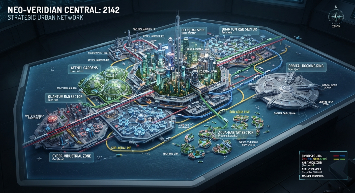 Neo-Veridian Central 2142 — strategic urban network with orbital docking