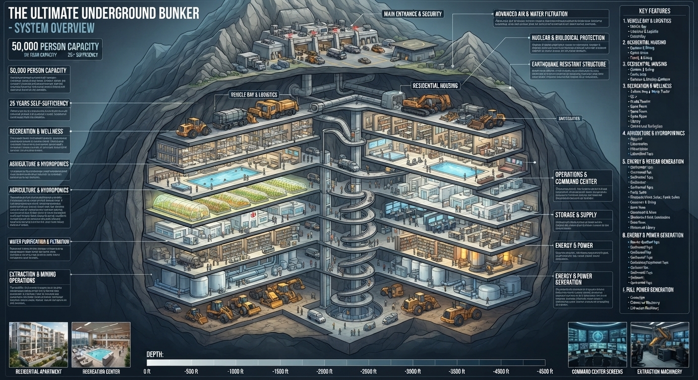 Underground bunker system overview — multi-level schematic