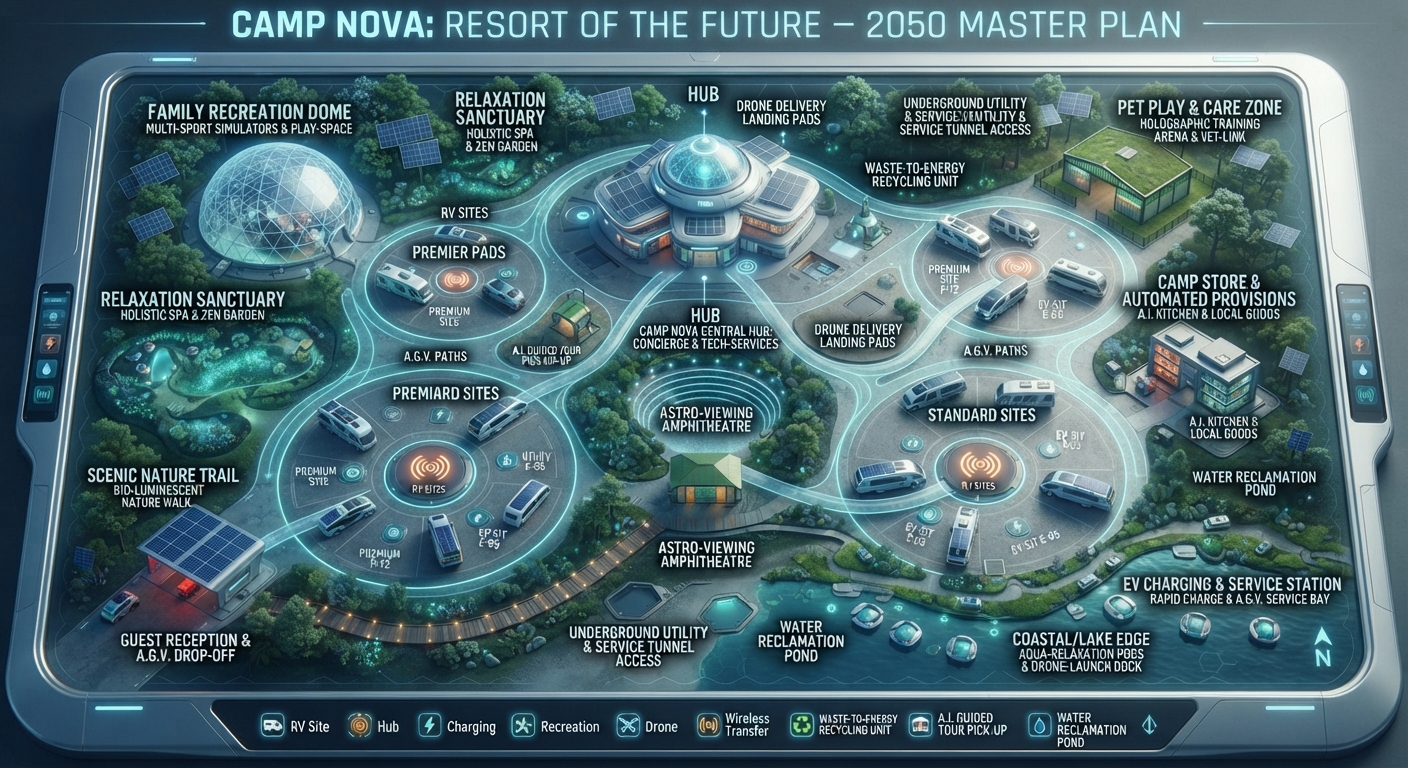 Camp Nova — resort of the future, 2050 master plan with zones, AGV paths and drone pads