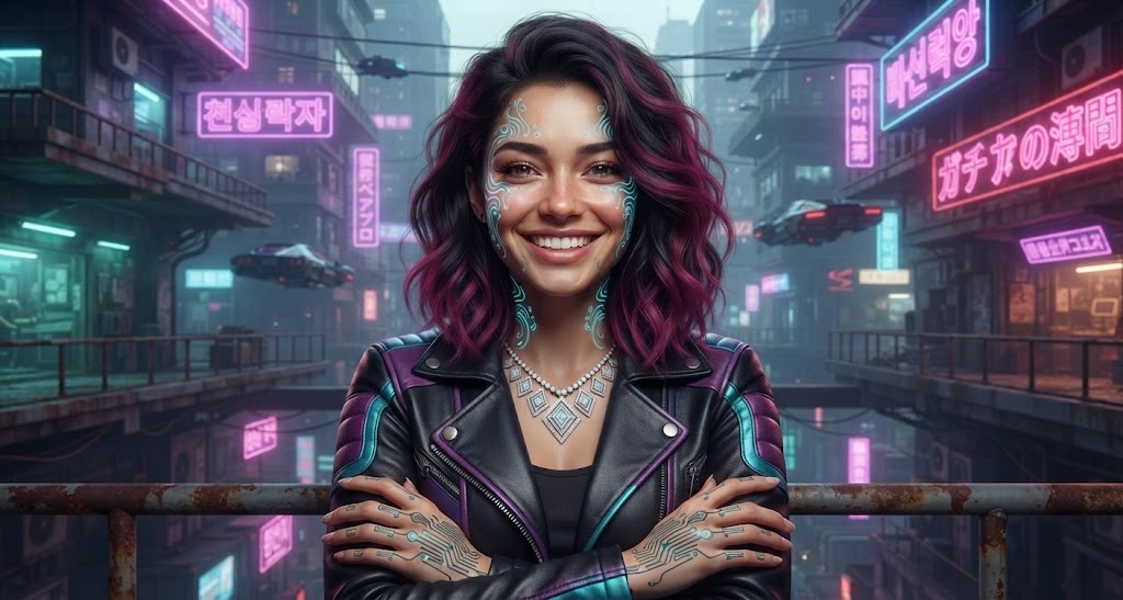 Invent Creators — neon cyberpunk inventor in a futuristic city street