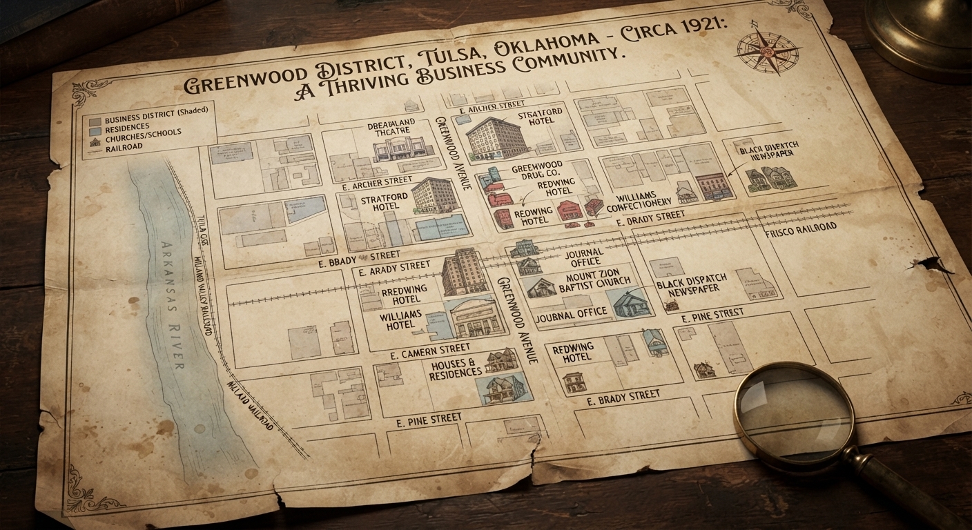 Greenwood District, Tulsa, Oklahoma — Circa 1921 historical map of a thriving business community
