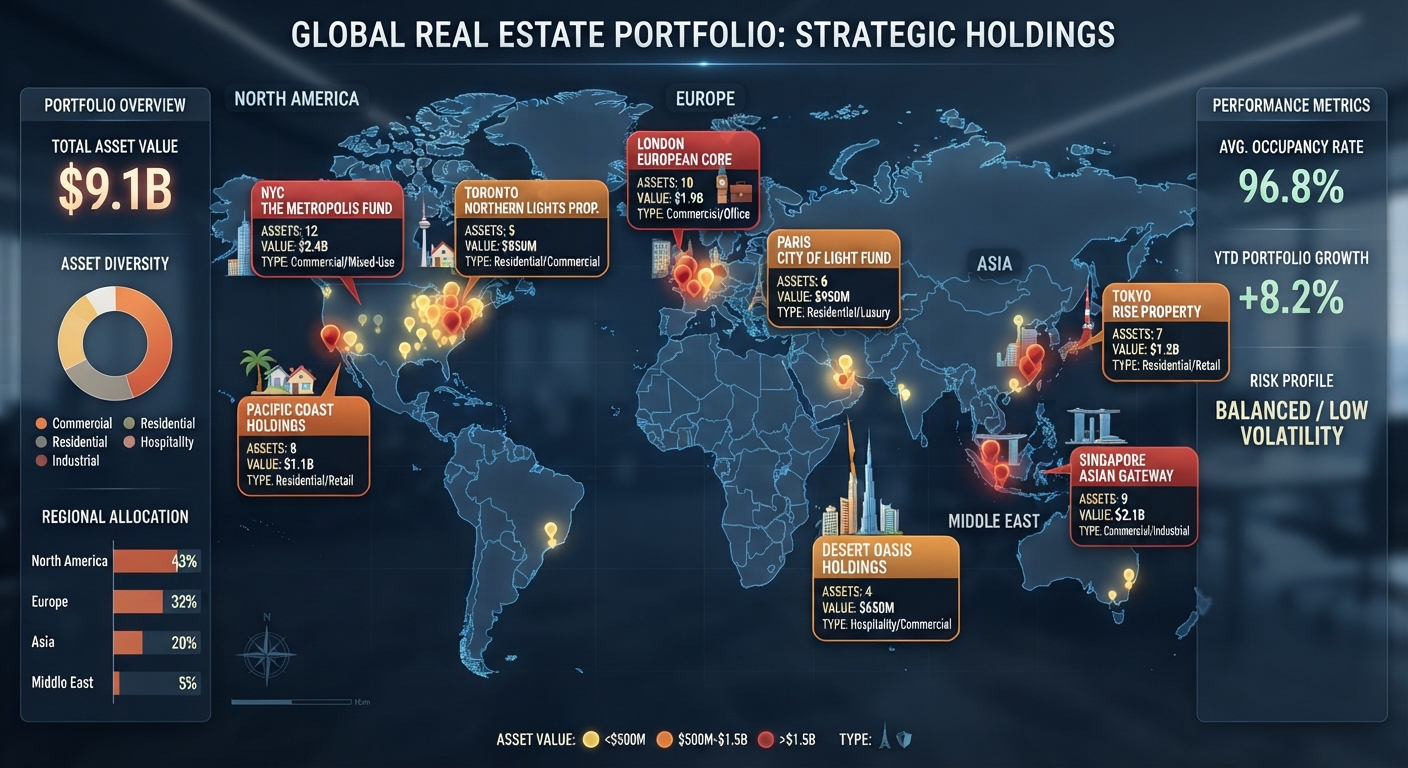 Global Real Estate Portfolio — strategic holdings dashboard with regional allocation