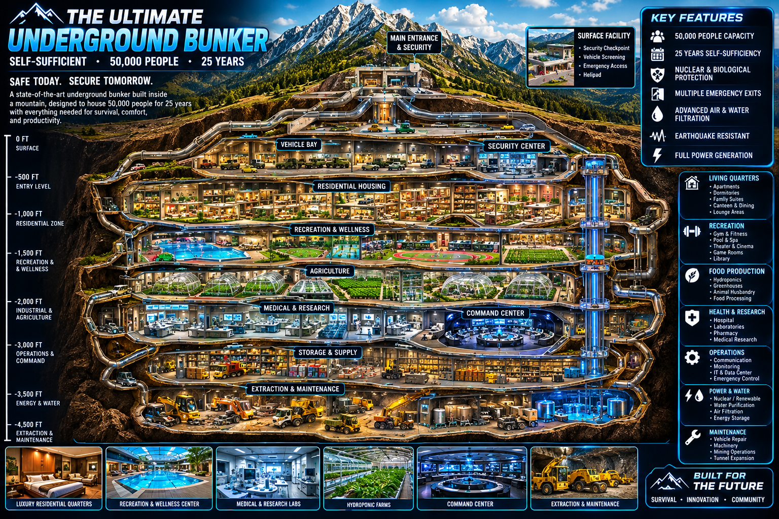 Ultimate Underground Bunker — cutaway cross-section infographic