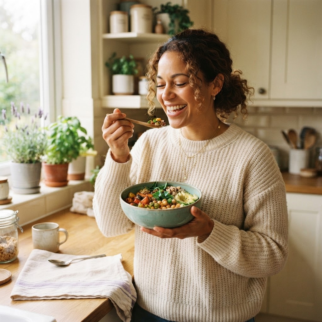 A person in a warm kitchen preparing a meal with fresh, colorful ingredients