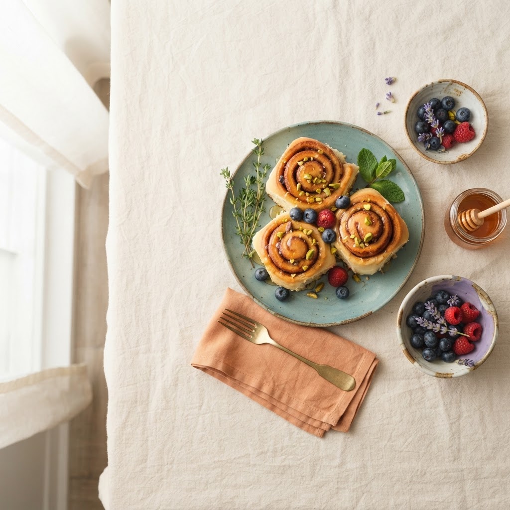 A flat-lay of wholesome ingredients, kitchen tools, and fresh produce arranged on a warm wooden surface