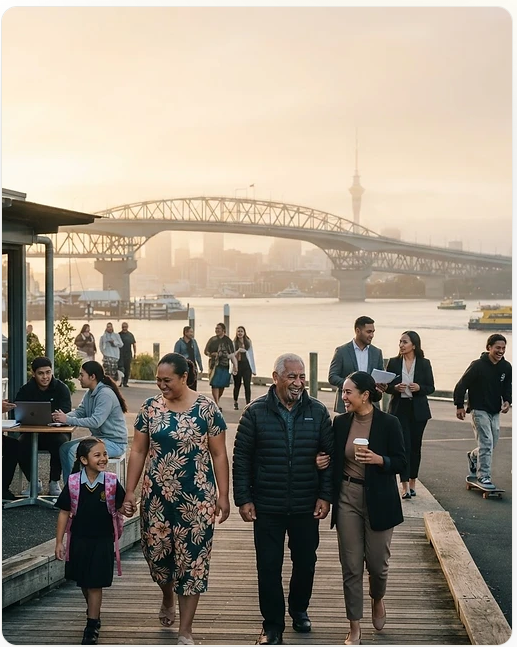 People walking together along an Auckland waterfront promenade at golden hour