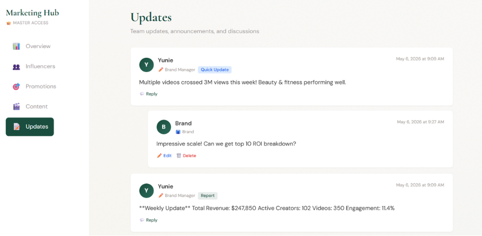 Updates tab real-time comments