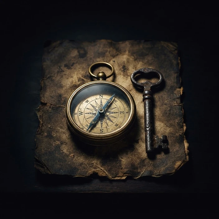 An antique compass and iron key on dark parchment