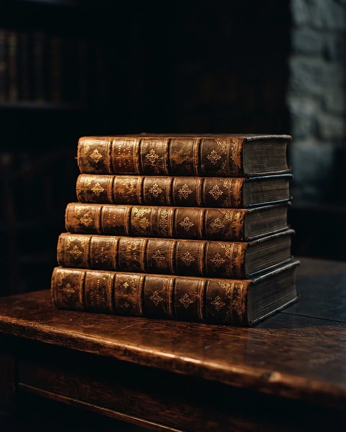 Aged leather-bound ledger volumes