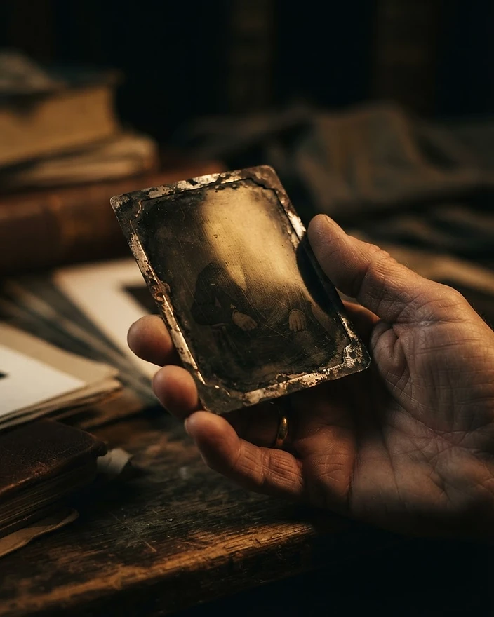 A hand holding a nineteenth-century tintype photograph