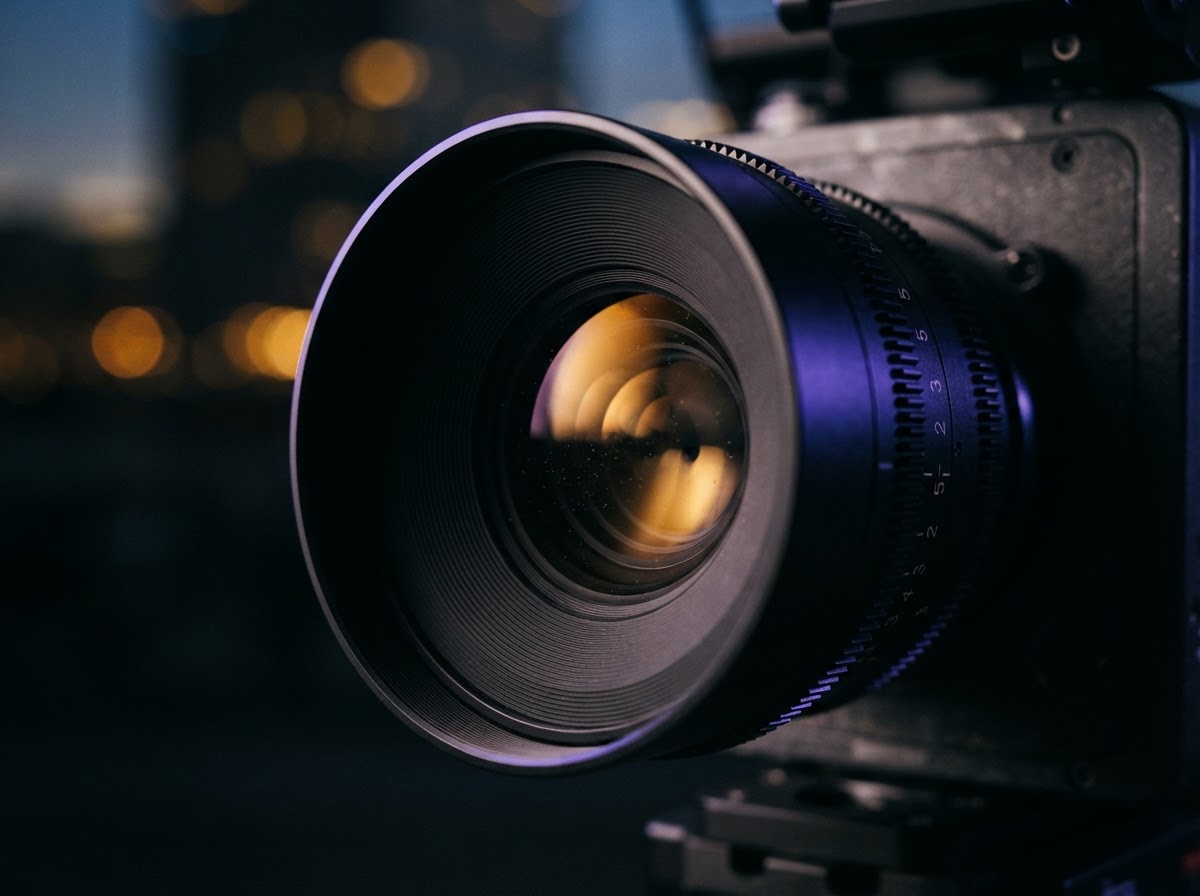 Cinematic close-up of a professional cinema camera lens