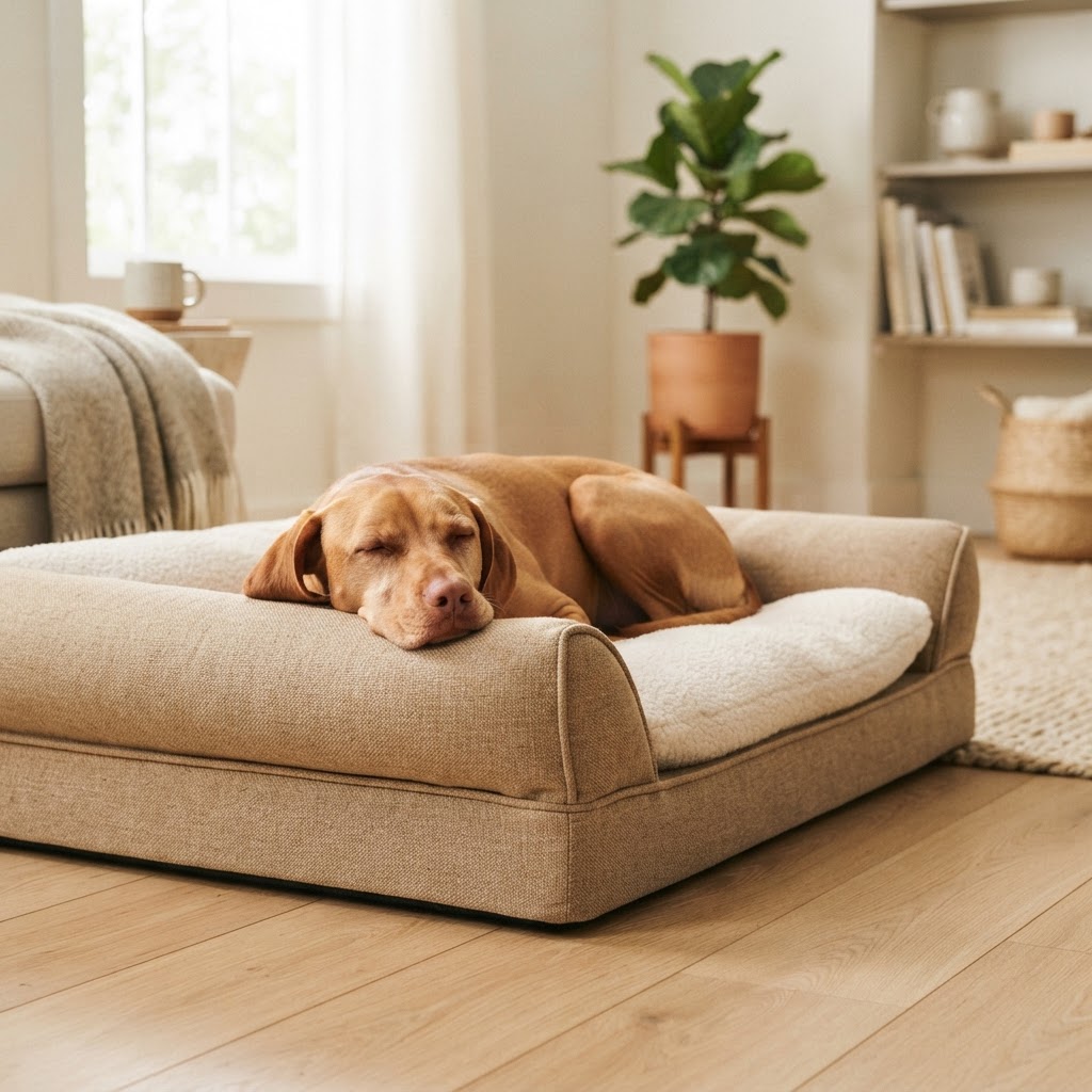 A calm dog in a warm minimal interior