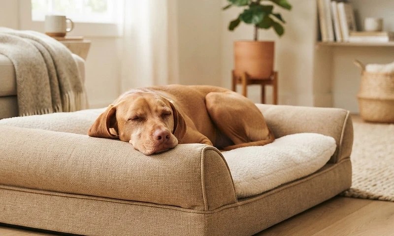 A calm dog in a warm minimal interior